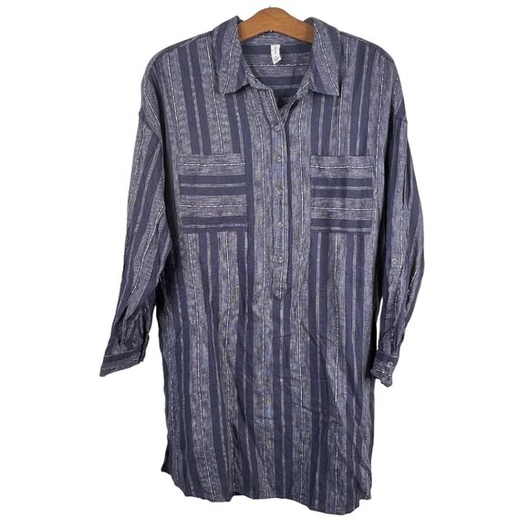 Gentle Fawn Tunic Size Medium Half Button Shirt Dress Stripe Linen Blend Navy - Picture 1 of 8